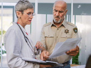 doc and sheriff looking at papers